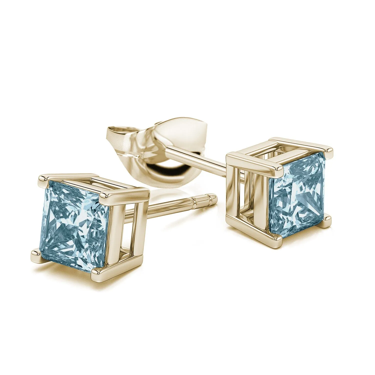 10k Yellow Gold Plated 2 Carat Princess Cut Created Aquamarine Sapphire Stud Earrings