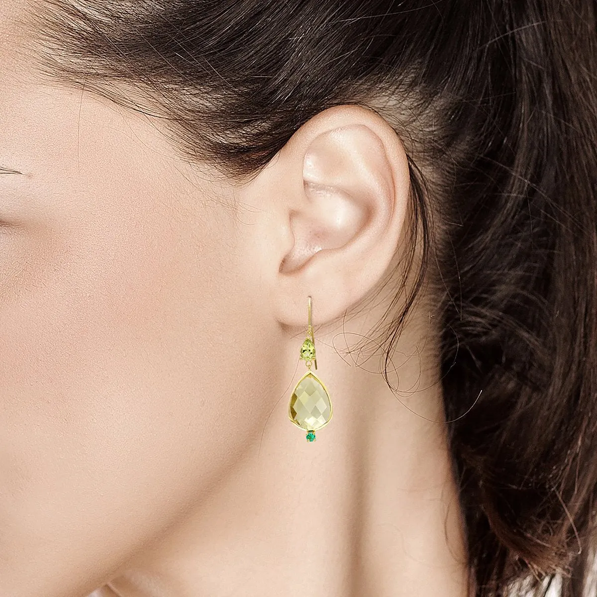 14 Karat Pear Shape Lemon Citrine Emerald Peridot Bezel Set Gold Drop Hoop Earrings