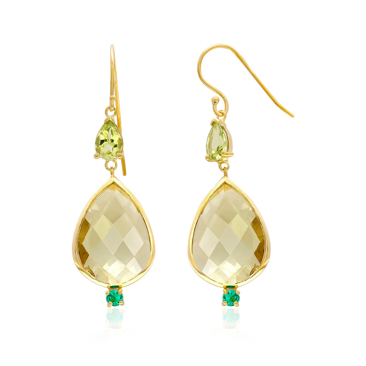 14 Karat Pear Shape Lemon Citrine Emerald Peridot Bezel Set Gold Drop Hoop Earrings