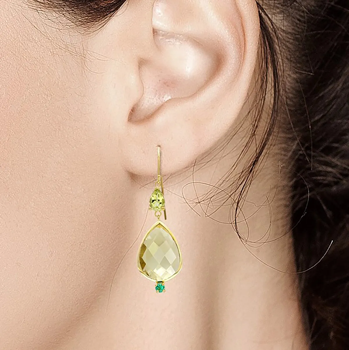 14 Karat Pear Shape Lemon Citrine Emerald Peridot Bezel Set Gold Drop Hoop Earrings