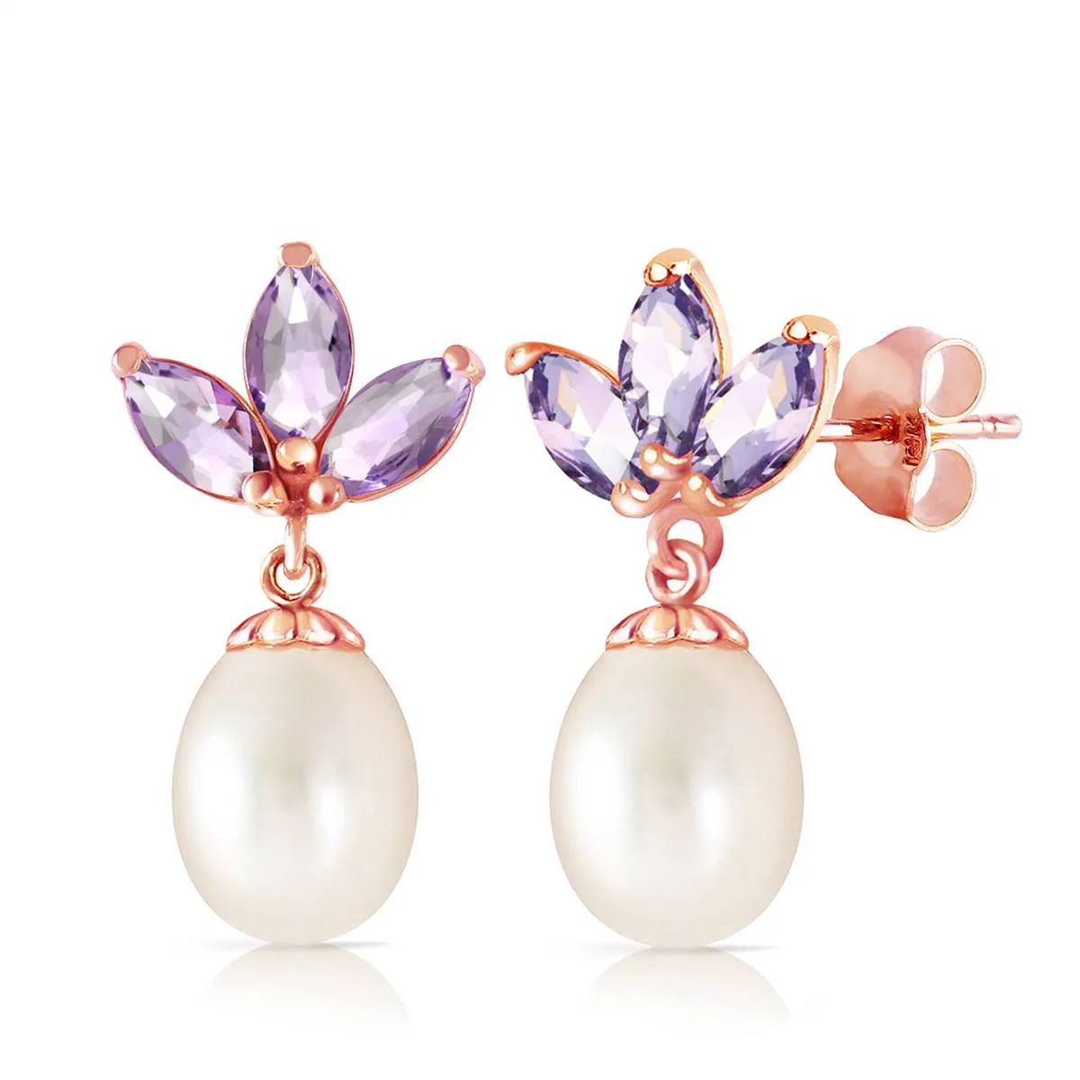 14K Solid Rose Gold Dangling Earrings w/ Pearl & Tanzanite