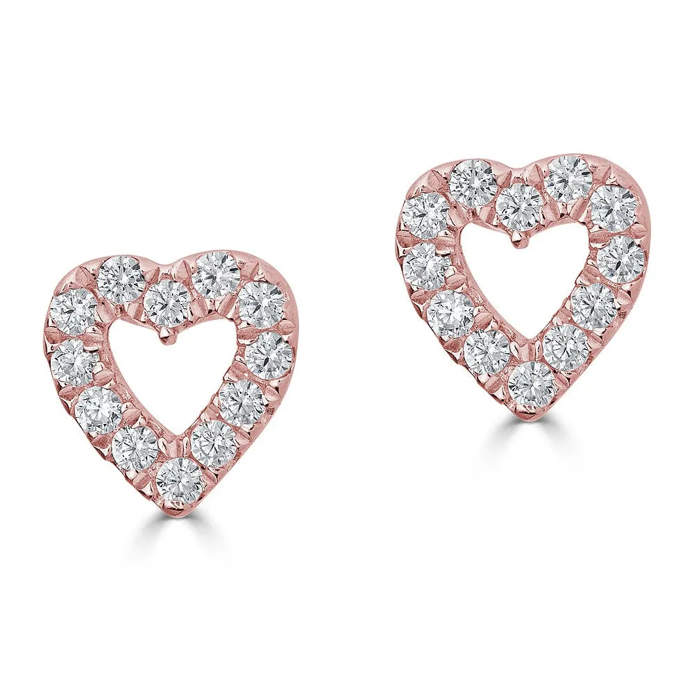 14KT 0.10CTW ROUND DIAMOND OPEN HEART OUTLINE EARRINGS