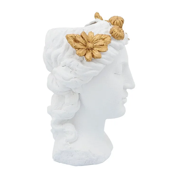 16" Polyresin Lady Head Planter with Daisies Diadem - White/Gold