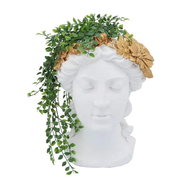 16" Polyresin Lady Head Planter with Daisies Diadem - White/Gold