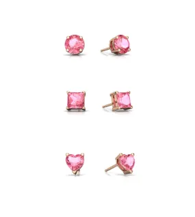 18k Rose Gold Plated 4mm Created Tourmaline 3 Pair Round, Square and Heart Stud Earrings