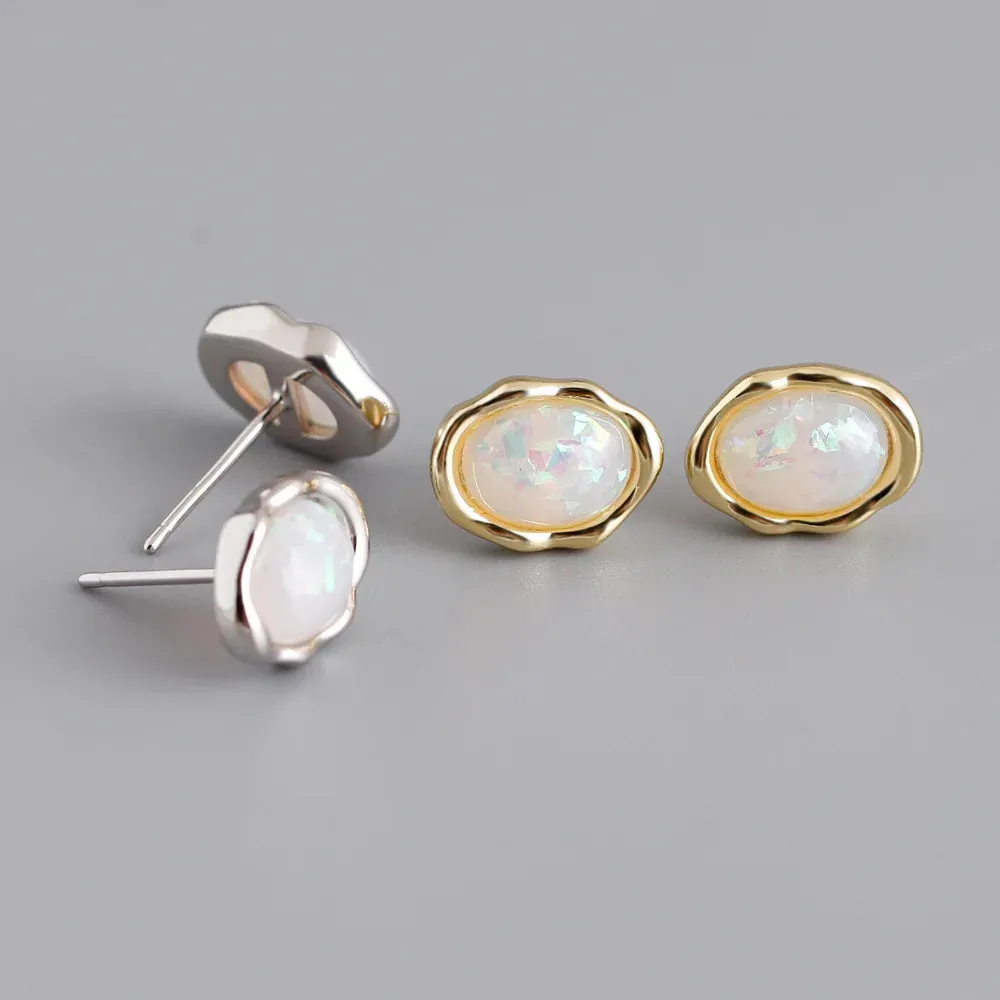 925 Sterling Silver Stud Earrings Charm Jewelry - Oval Colorful Opal - MD329