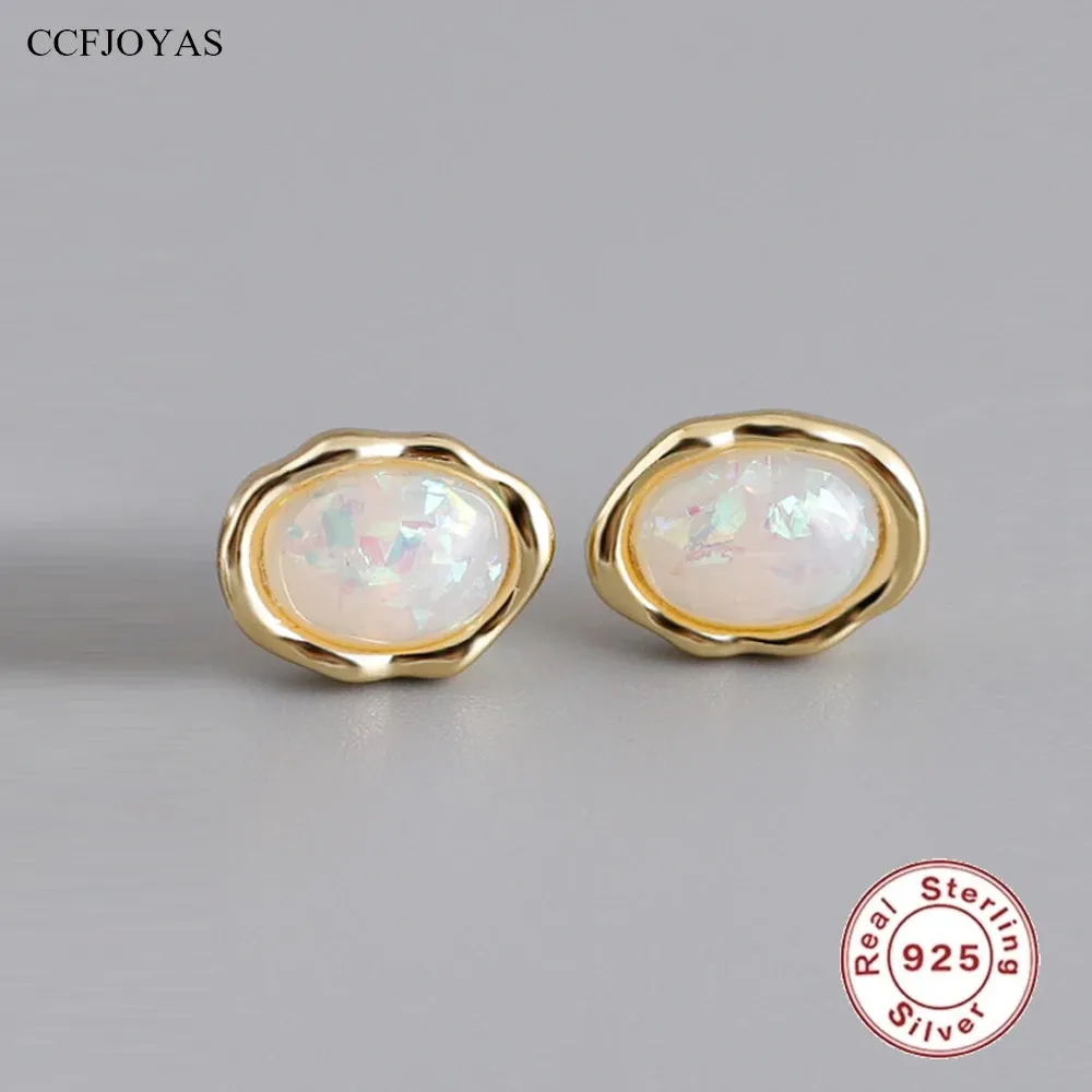 925 Sterling Silver Stud Earrings Charm Jewelry - Oval Colorful Opal - MD329