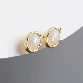 925 Sterling Silver Stud Earrings Charm Jewelry - Oval Colorful Opal - MD329