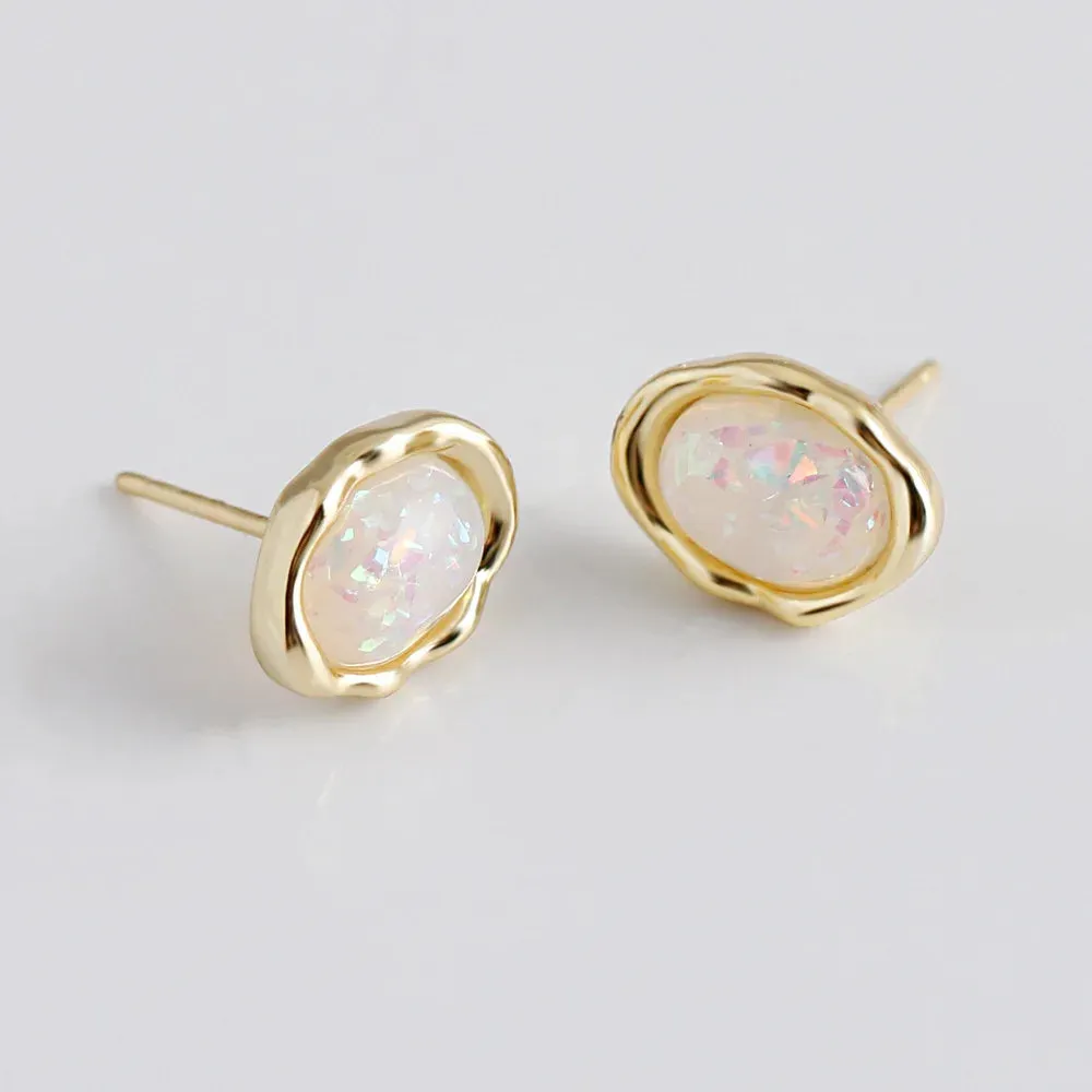 925 Sterling Silver Stud Earrings Charm Jewelry - Oval Colorful Opal - MD329