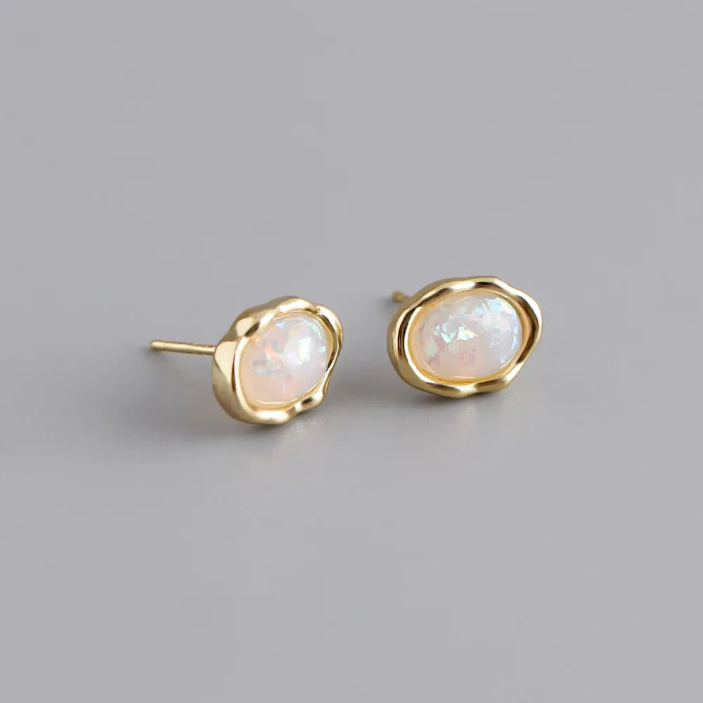 925 Sterling Silver Stud Earrings Charm Jewelry - Oval Colorful Opal - MD329