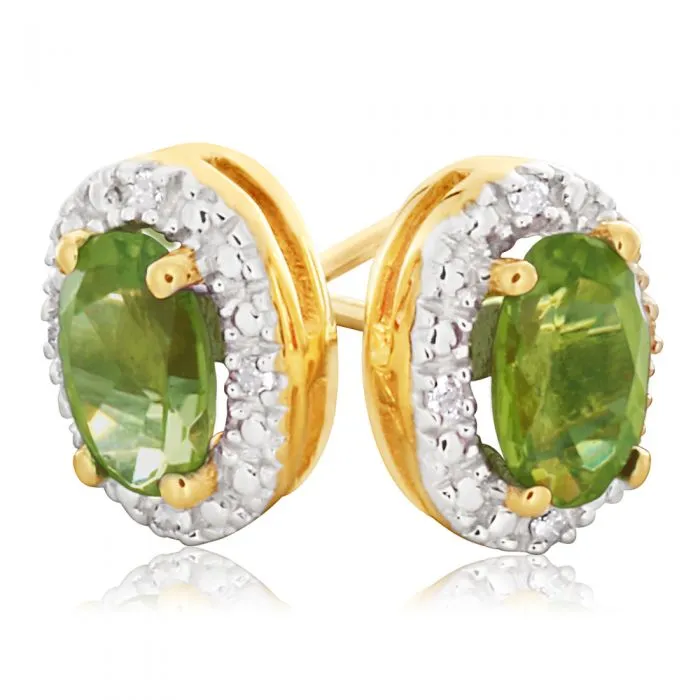 9ct Yellow Gold & White Gold Diamond   Peridot Stud Earrings