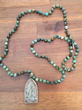 African Turquoise Antique Carved Stone Buddha Mala Beads Necklace