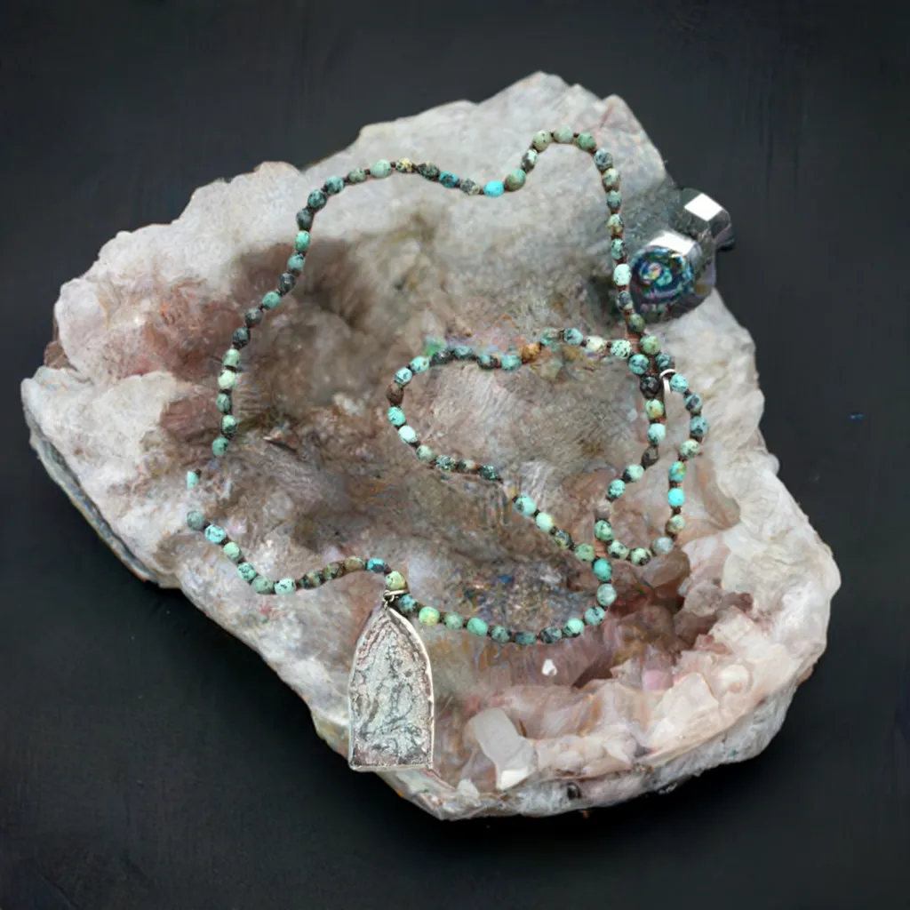 African Turquoise Antique Carved Stone Buddha Mala Beads Necklace