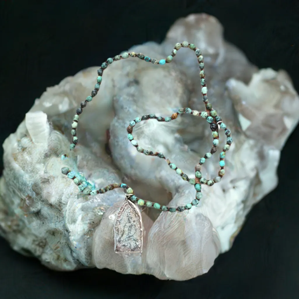 African Turquoise Antique Carved Stone Buddha Mala Beads Necklace