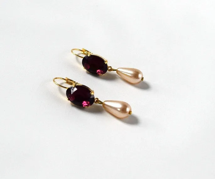 Amethyst Purple Paste Glass and Pearl Dangle Earrings