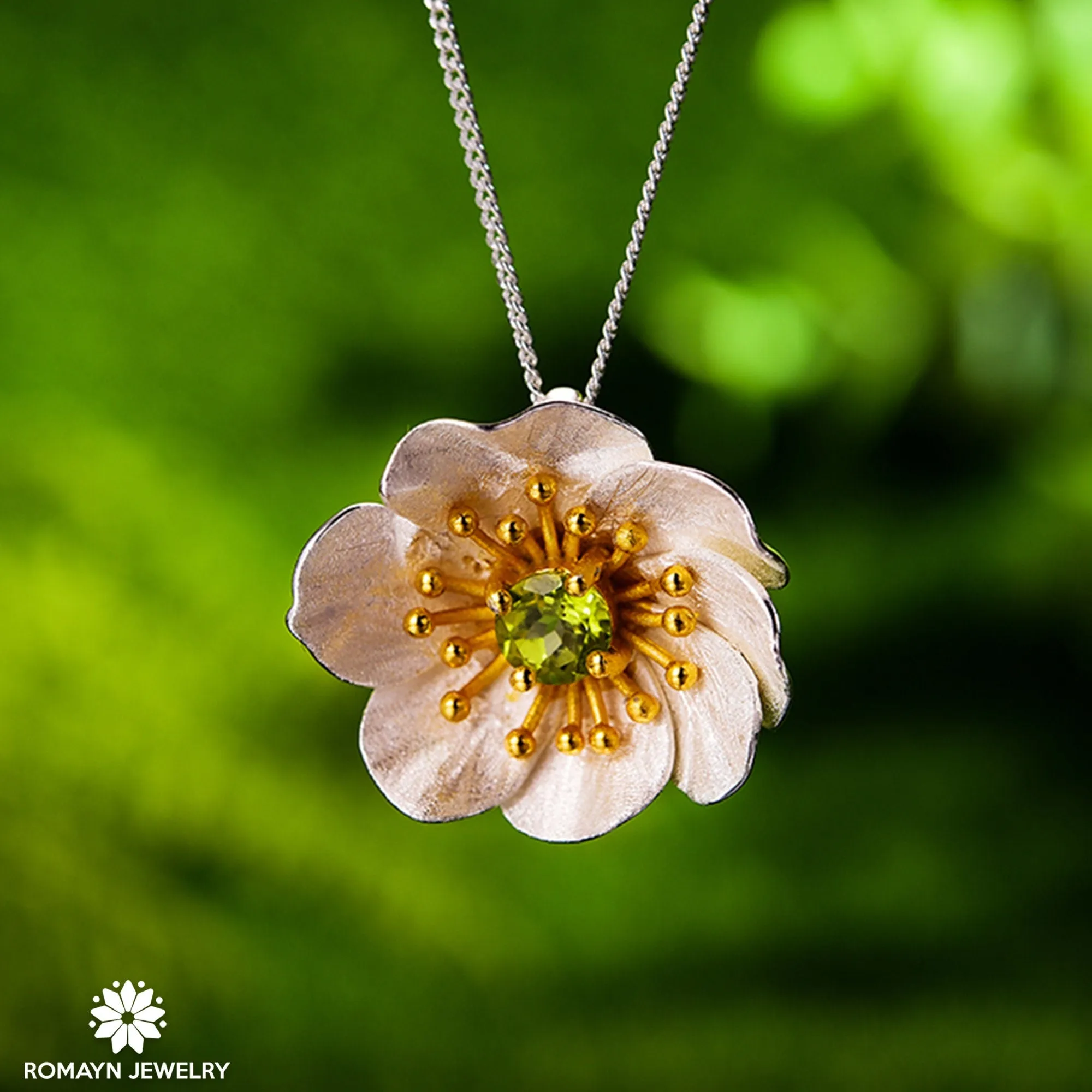 Anemone Flower Peridot Necklace