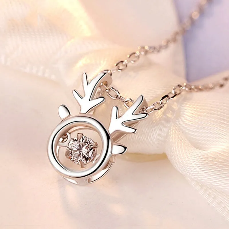 Antlers with Round Zircon Pendant Silver Necklace for Women