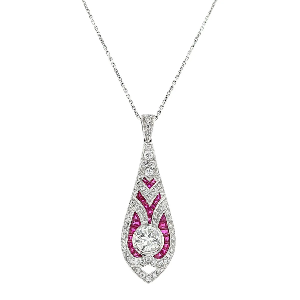 Art Deco Style Diamond and Ruby Pendant Necklace