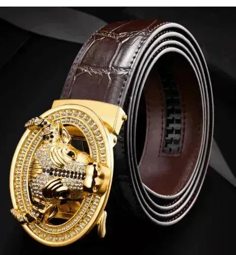 Automatic Buckle  Leather With Diamond-studded  Pattern Bull Head Belt