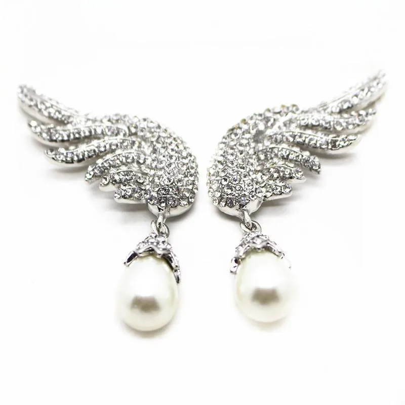 Beautiful Silver Bold Earring Crystal Elegant Angel Wings Simulated Pearl Drop Earrings Valentine's Day Gift For Women