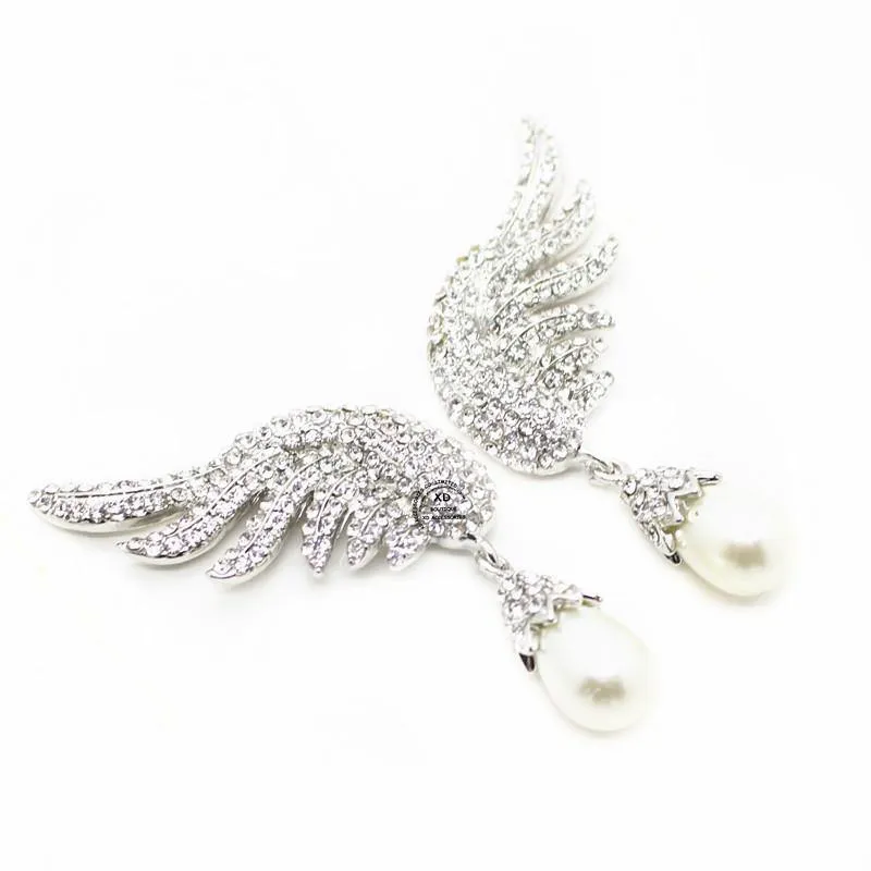 Beautiful Silver Bold Earring Crystal Elegant Angel Wings Simulated Pearl Drop Earrings Valentine's Day Gift For Women