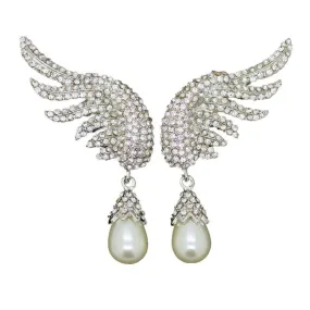 Beautiful Silver Bold Earring Crystal Elegant Angel Wings Simulated Pearl Drop Earrings Valentine's Day Gift For Women