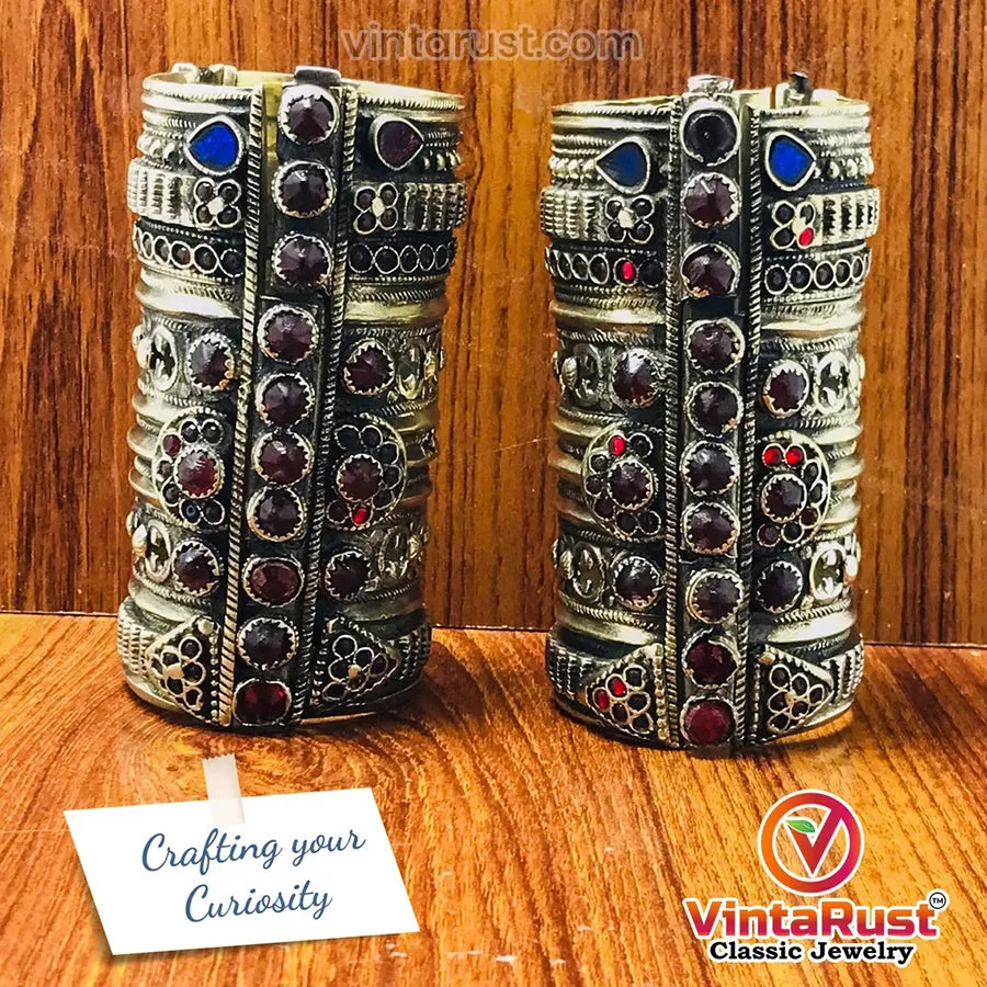 Big Massive Antique Cuff Bracelet With Glass Stones