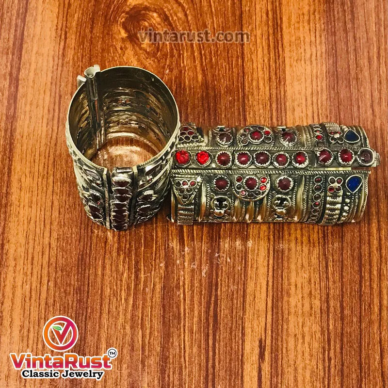 Big Massive Antique Cuff Bracelet With Glass Stones