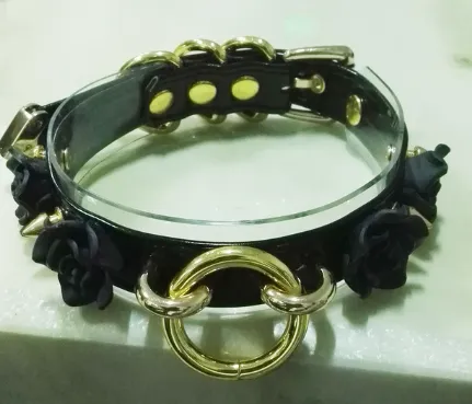 Black Vegan Leather/Vinyl Layered Collar w/ Rose and O Ring Detail