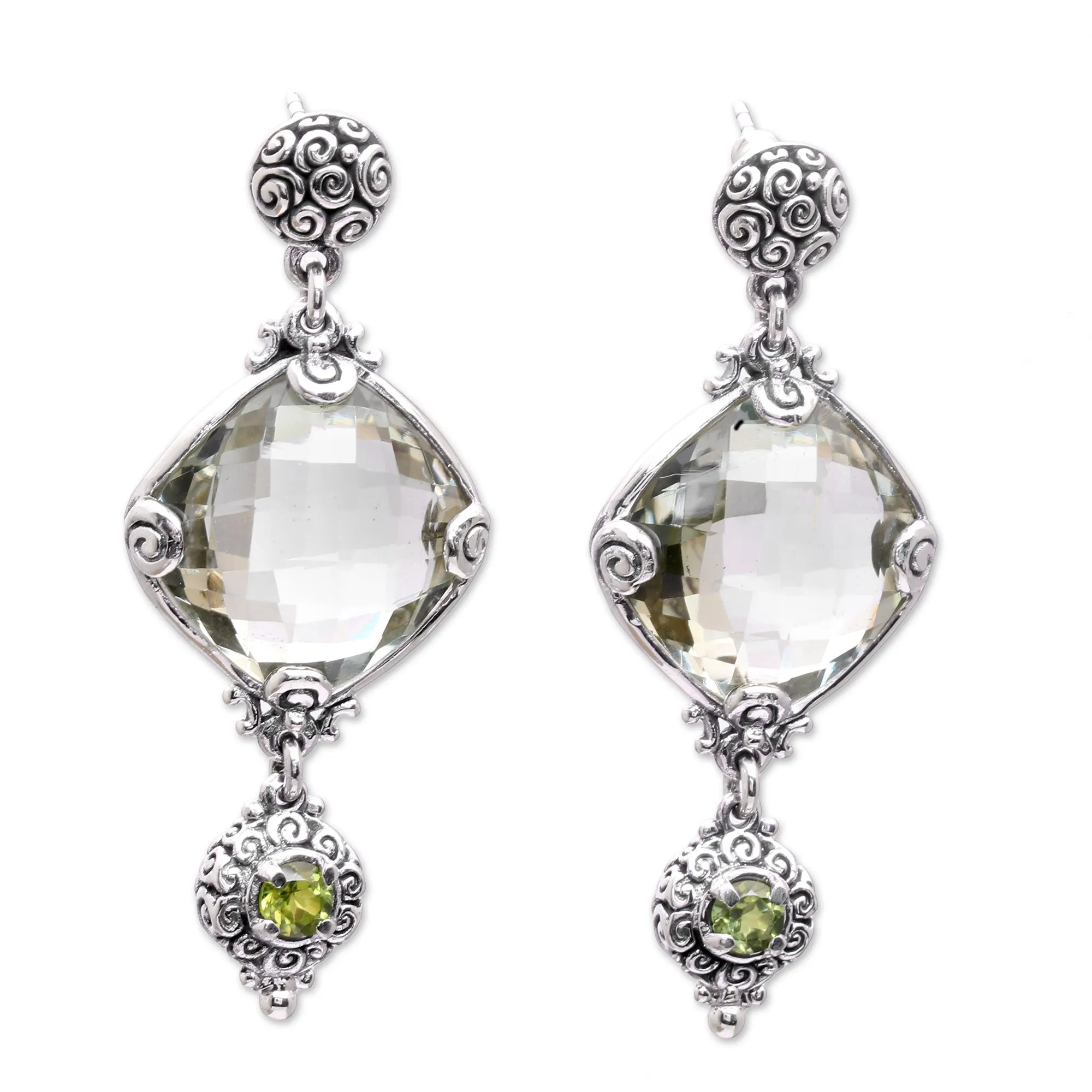 Borobudur Glimmer Silver 925 Prasiolite and Peridot Dangle Earrings from Bali