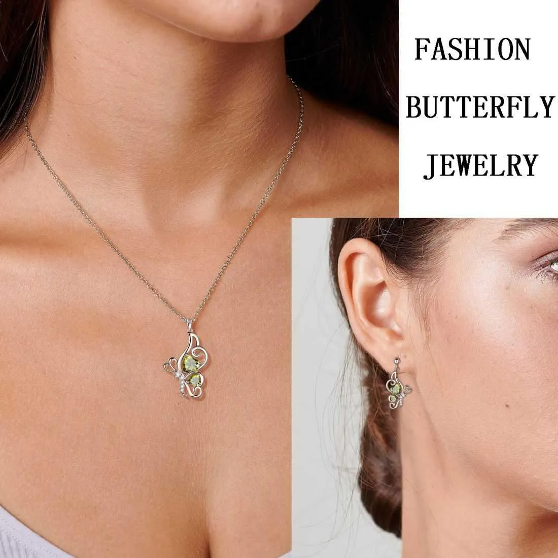 Butterfly Birthstone August Peridot Jewelry Set 3PCS Women Girls Birthday Gift