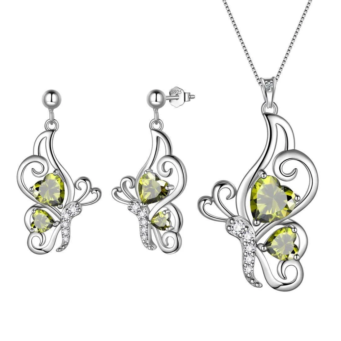 Butterfly Birthstone August Peridot Jewelry Set 3PCS Women Girls Birthday Gift