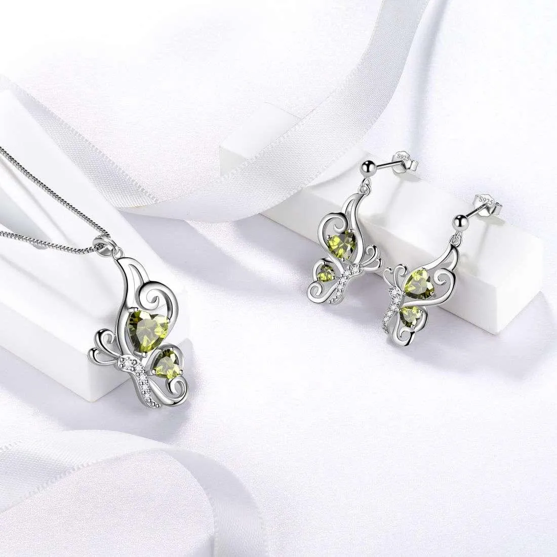 Butterfly Birthstone August Peridot Jewelry Set 3PCS Women Girls Birthday Gift