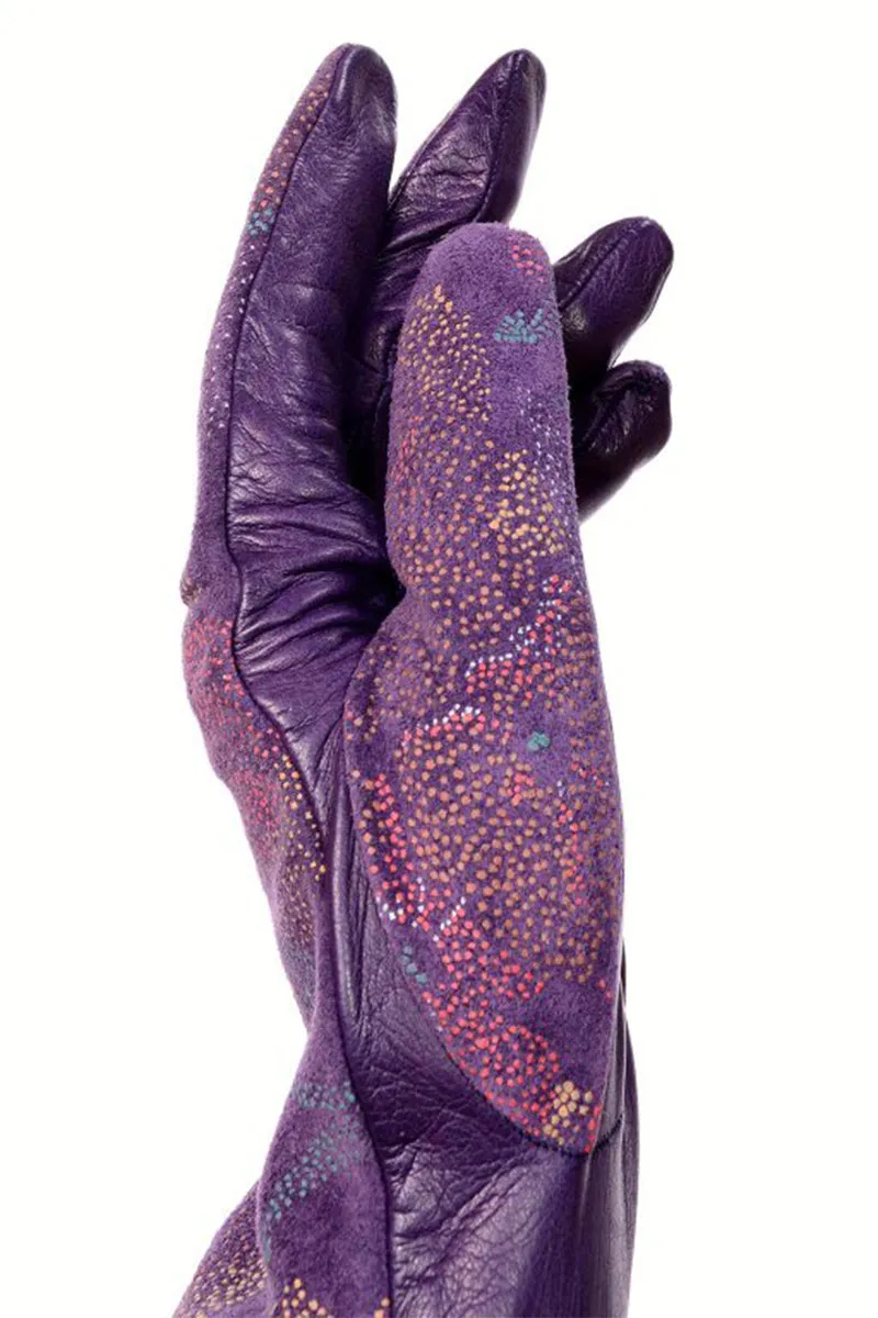 Carlos Falchi Purple Leather Opera Gloves w/ Painted Flowers