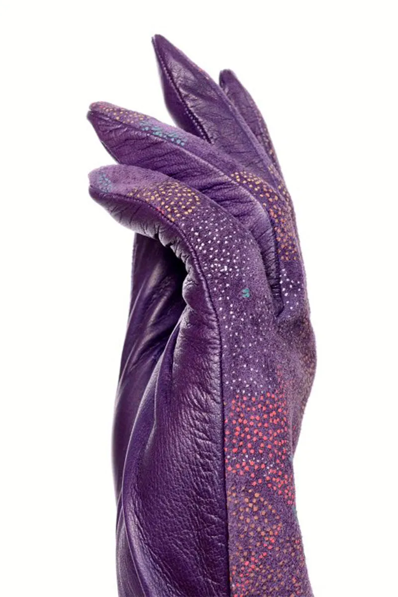 Carlos Falchi Purple Leather Opera Gloves w/ Painted Flowers