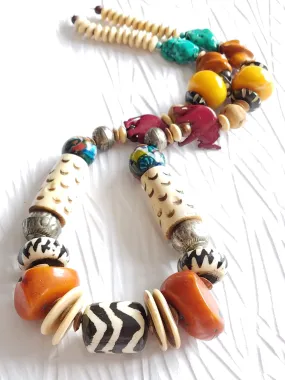 Carved Bone and Horn, Copal Amber Resin Batik Bone Lampwork Glass Elephant Casual Statement Necklace, The Juke Joint