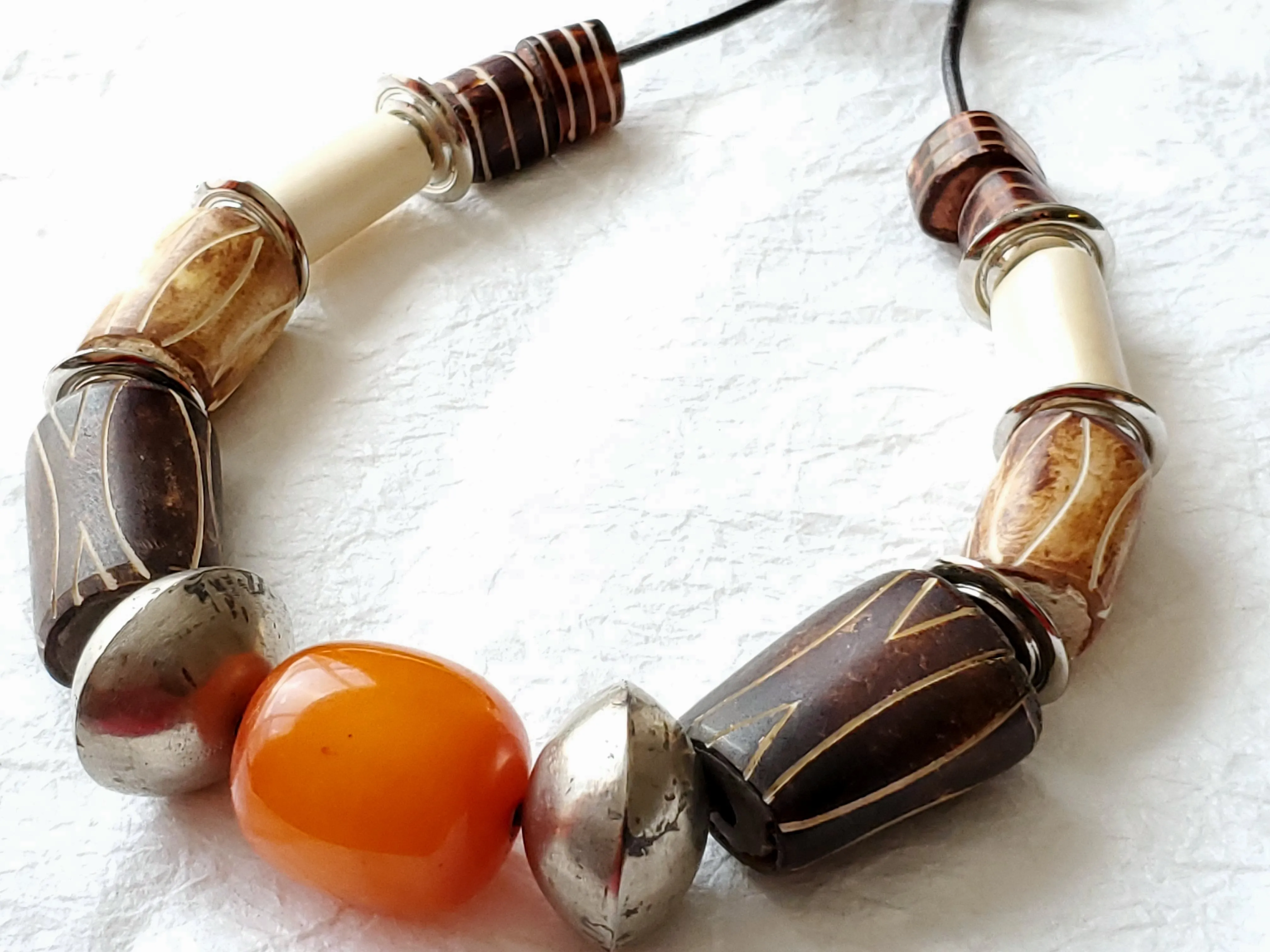 Carved Bone Orange Amber Resin Focal Silver Mali Rondelle Beads Leather Unisex Mens Necklace