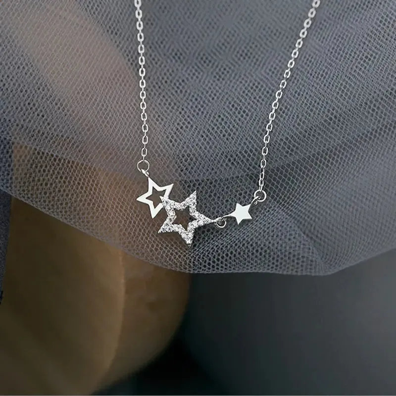 Celestial Elegant Silver Color Inlaid Zircon Star Necklaces