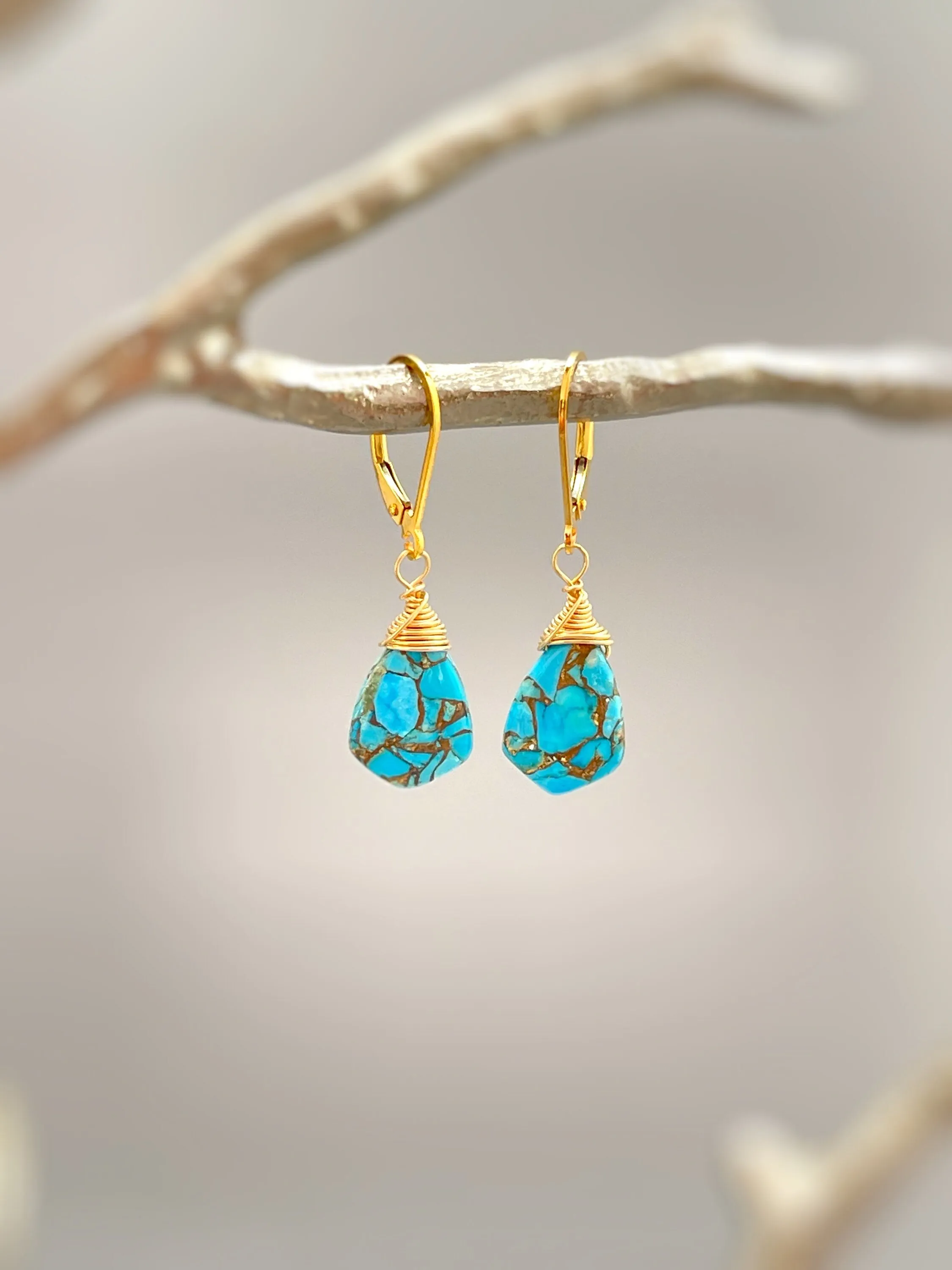 Copper Turquoise Earrings dangle Gold, Silver, 14k leverback