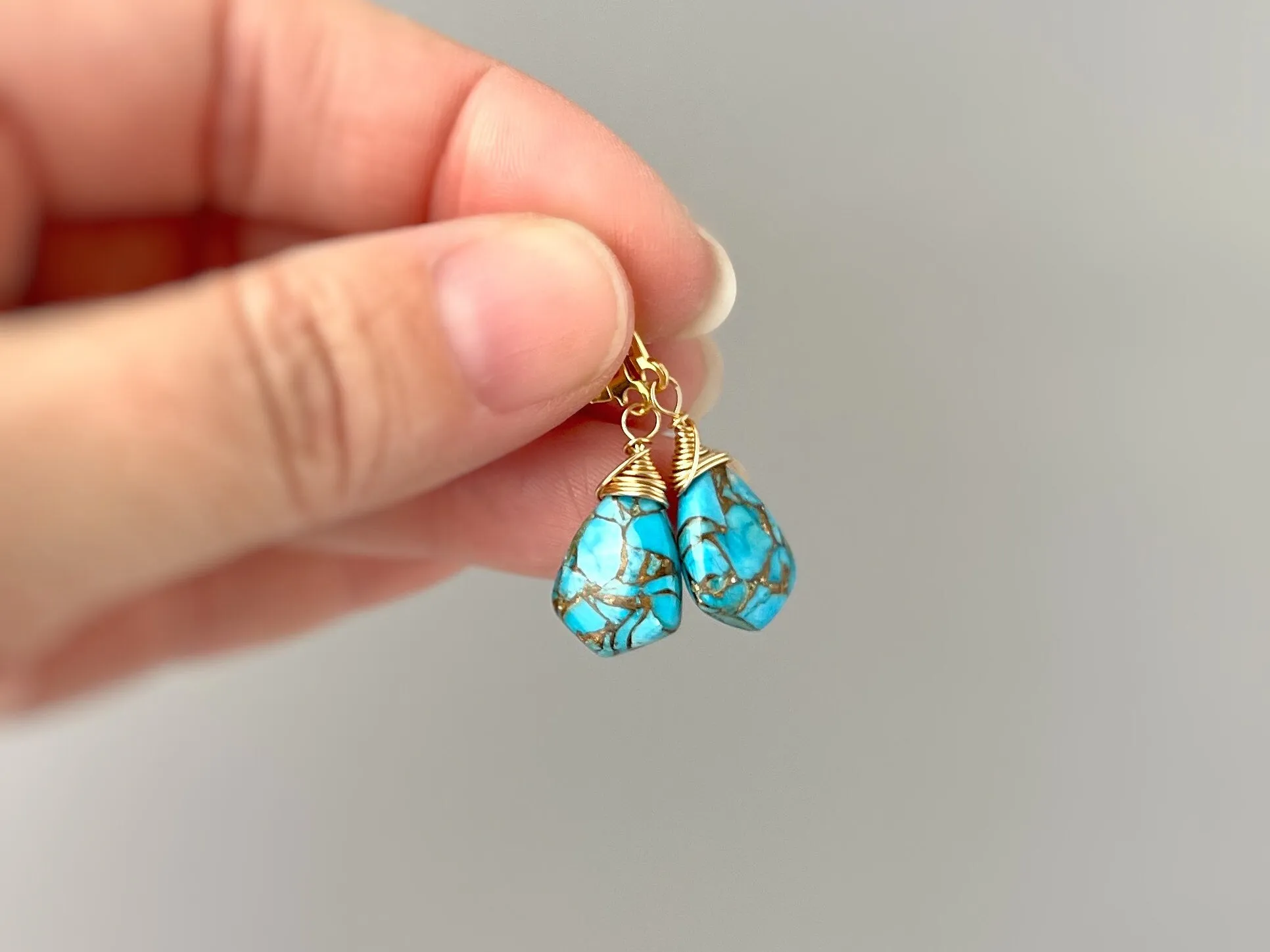 Copper Turquoise Earrings dangle Gold, Silver, 14k leverback