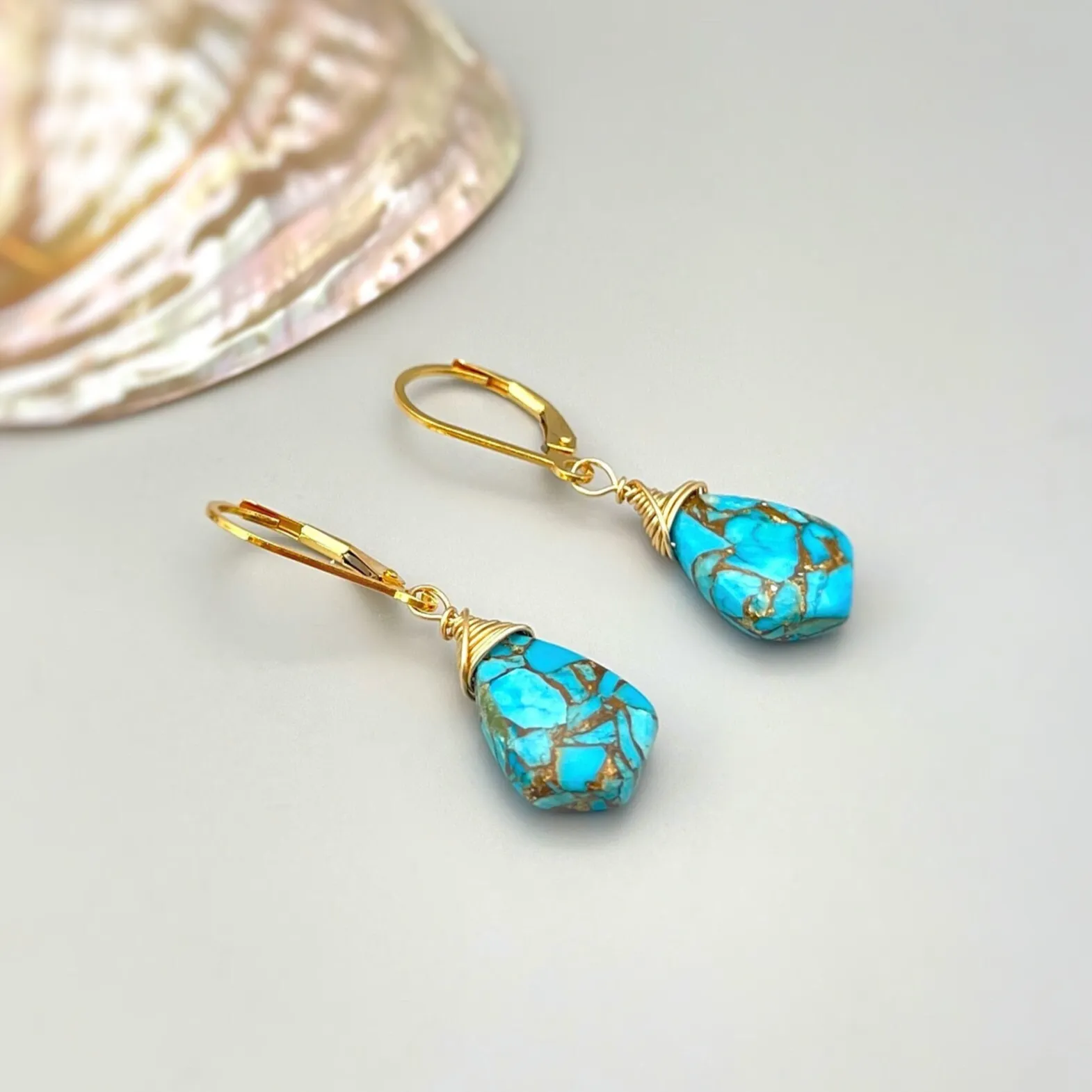 Copper Turquoise Earrings dangle Gold, Silver, 14k leverback