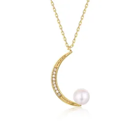 Crescent Moon Natural Pearl Zircon Sterling Silver Necklace