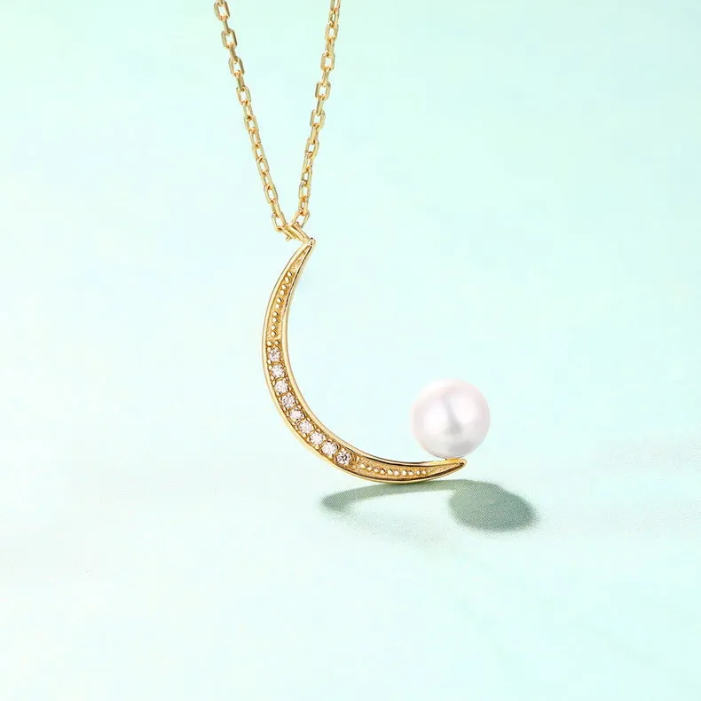 Crescent Moon Natural Pearl Zircon Sterling Silver Necklace