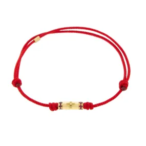 Cross Slim Tube with Rubies on a Red Cord Bracelet