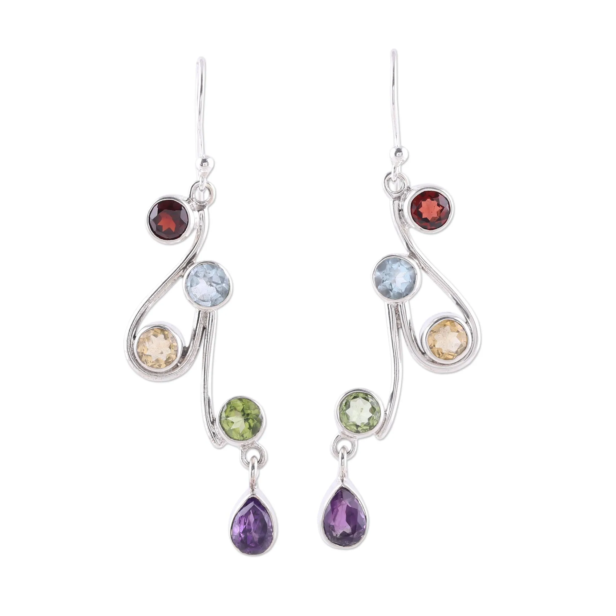 Dancing Rainbow Multi-Gemstone and Scrolling Sterling Silver Dangle Earrings