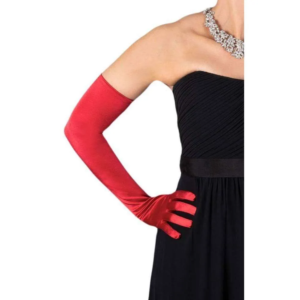 Dents Long Satin Shoulder Length Evening Gloves - Berry Red