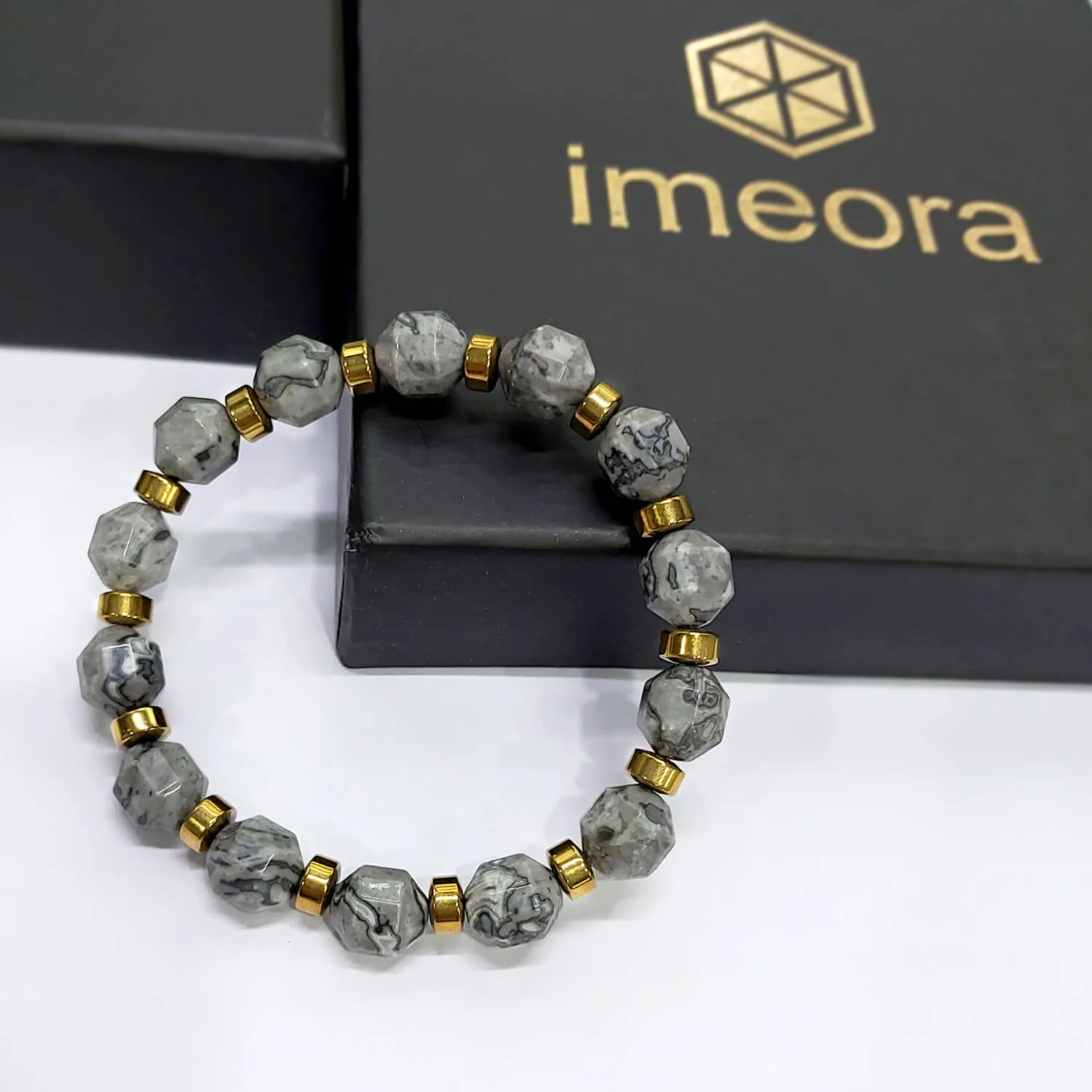 Diamond Cut Map Stone With Golden Hematite Natural Stone Bracelet