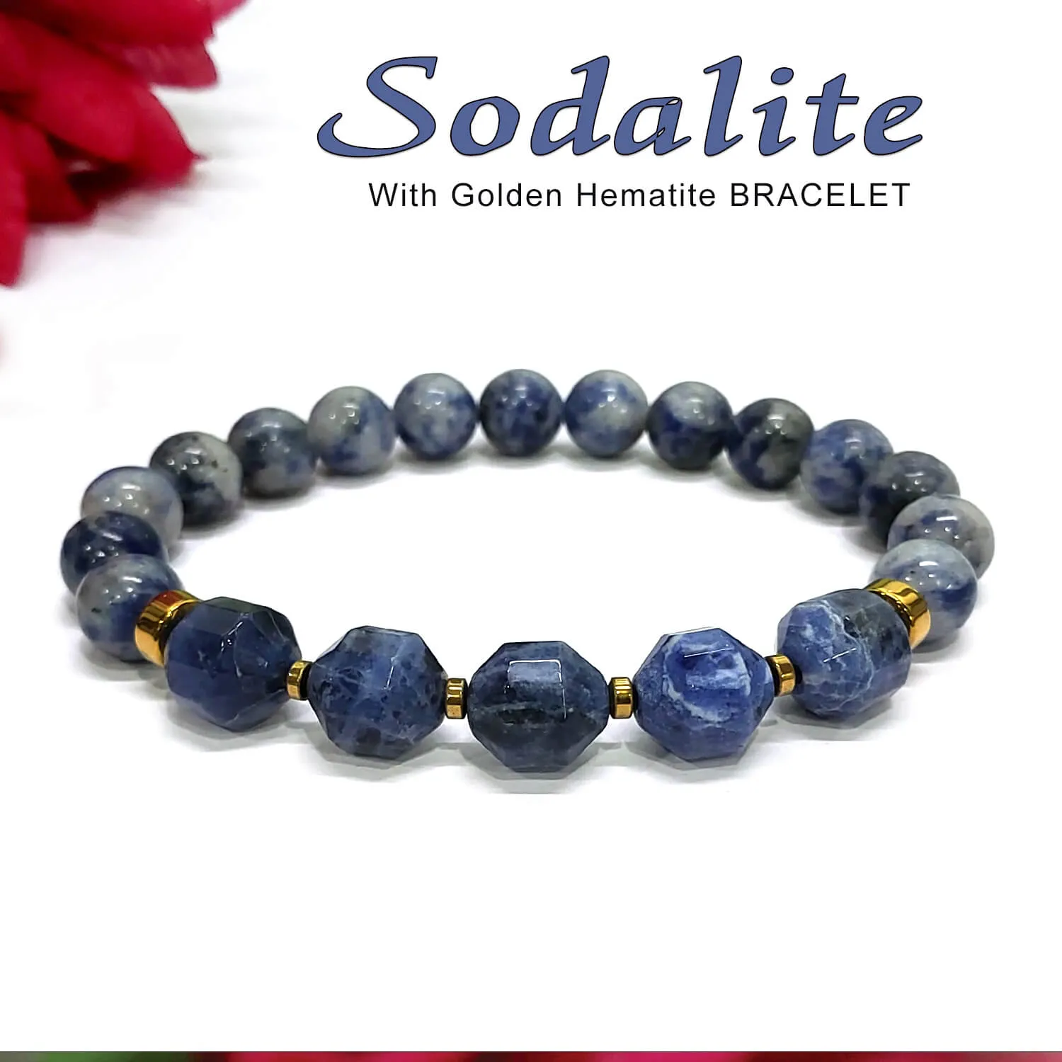 Diamond Cut Sodalite With Golden Hematite Natural Stone Bracelet