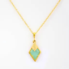 Diamond Shaped Birthstone and Name Necklace : March Aqua Chalcedony