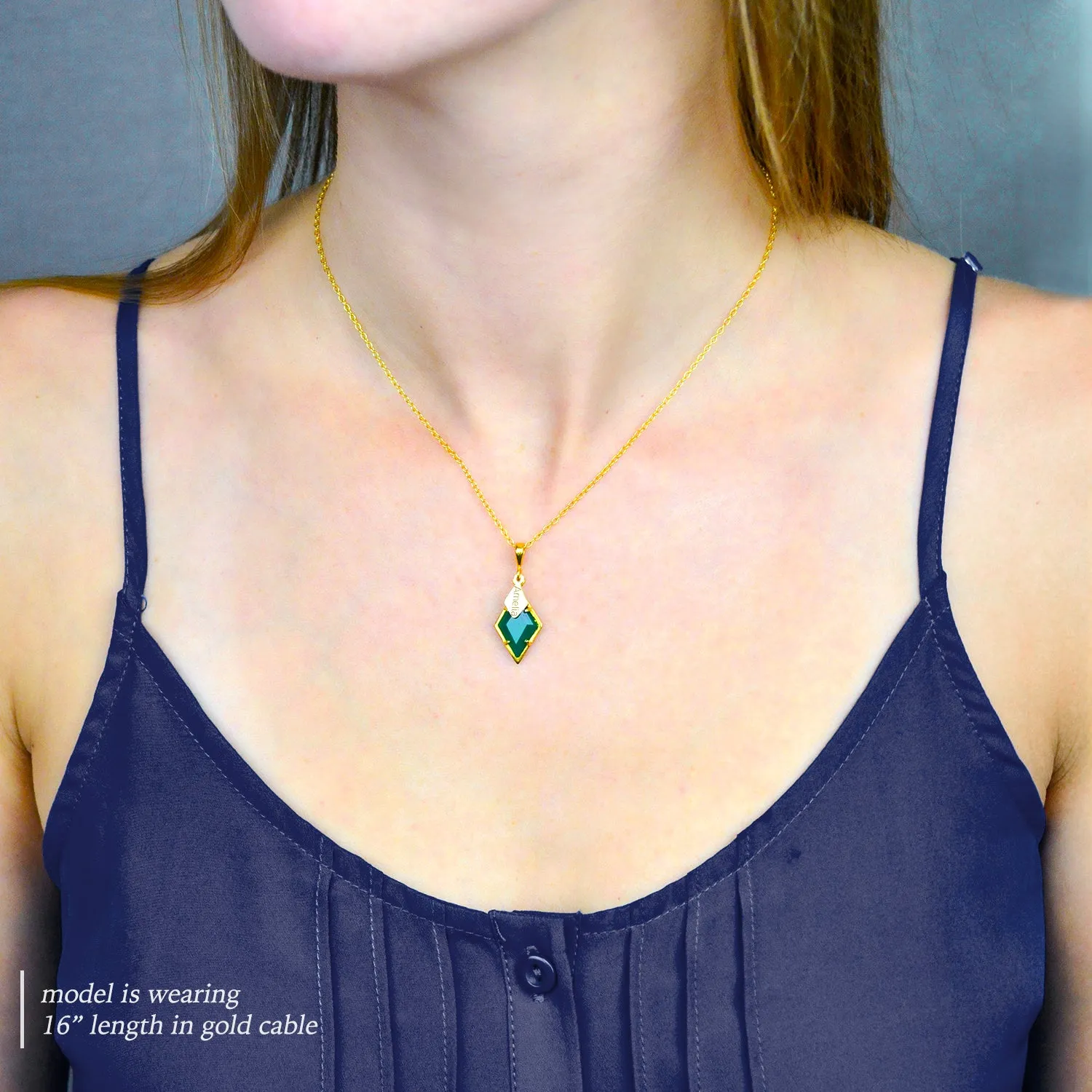 Diamond Shaped Birthstone and Name Necklace : March Aqua Chalcedony